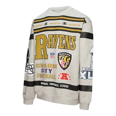 Baltimore Ravens Heather Gray All Over Print Vintage Mitchell & Ness Fleece Crewneck Sweatshirt