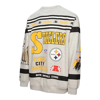 Pittsburgh Steelers Heather Gray All Over Print Vintage Mitchell & Ness Fleece Crewneck Sweatshirt
