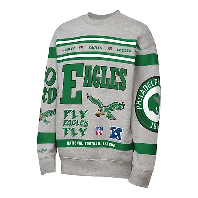 Philadelphia Eagles Heather Gray All Over Print Vintage Mitchell & Ness Fleece Crewneck Sweatshirt