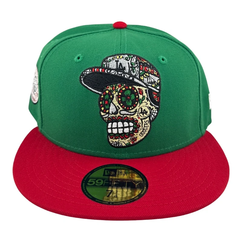 Los Angeles Dodgers Green and Red Skull Aztec Patch Grey UV New Era 59FIFTY Fitted Hat