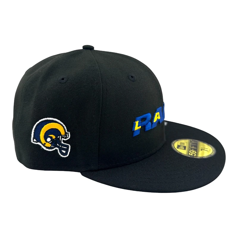 Los Angeles Rams Black Wordmark Logo Helmet Patch Grey UV New Era 59FIFTY Fitted Hat