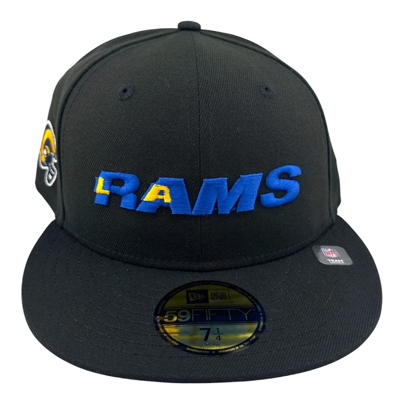 Los Angeles Rams Black Wordmark Logo Helmet Patch Grey UV New Era 59FIFTY Fitted Hat