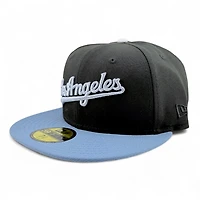 Los Angeles Dodgers Black and Baby Blue Script 2024 WS Champs Patch Grey UV New Era 59FIFTY Fitted Hat