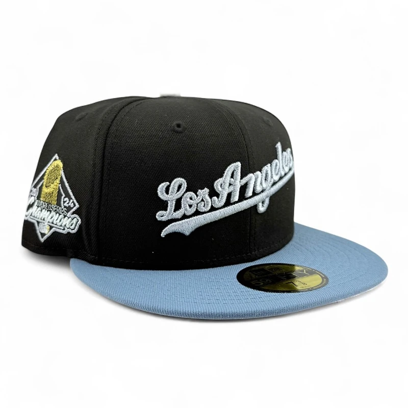 Los Angeles Dodgers Black and Baby Blue Script 2024 WS Champs Patch Grey UV New Era 59FIFTY Fitted Hat