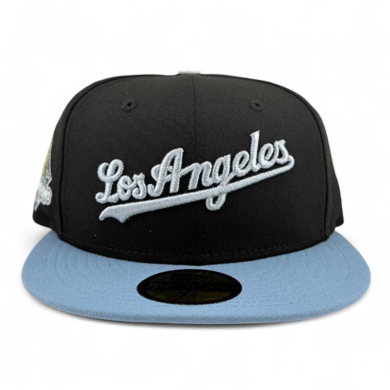 Los Angeles Dodgers Black and Baby Blue Script 2024 WS Champs Patch Grey UV New Era 59FIFTY Fitted Hat