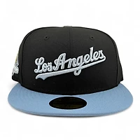 Los Angeles Dodgers Black and Baby Blue Script 2024 WS Champs Patch Grey UV New Era 59FIFTY Fitted Hat