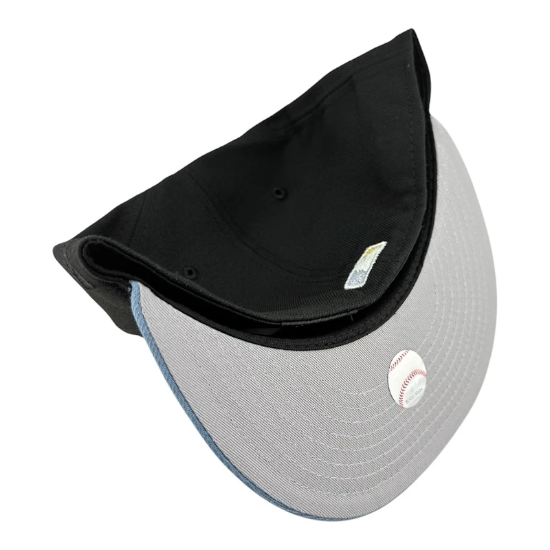 Los Angeles Dodgers Black and Baby Blue Script 2024 WS Champs Patch Grey UV New Era 59FIFTY Fitted Hat