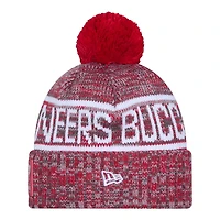 Tampa Bay Buccaneers Red 2025 Sideline Cold Weather New Era Cuffed Beanie Knit Hat with Pom