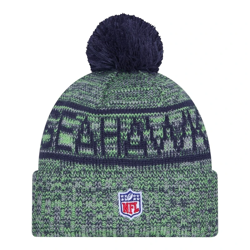 Seattle Seahawks Navy 2025 Sideline Cold Weather New Era Cuffed Beanie Knit Hat with Pom