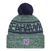 Seattle Seahawks Navy 2025 Sideline Cold Weather New Era Cuffed Beanie Knit Hat with Pom