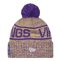 Minnesota Vikings Yellow and Purple 2025 Sideline Cold Weather New Era Cuffed Beanie Knit Hat with Pom