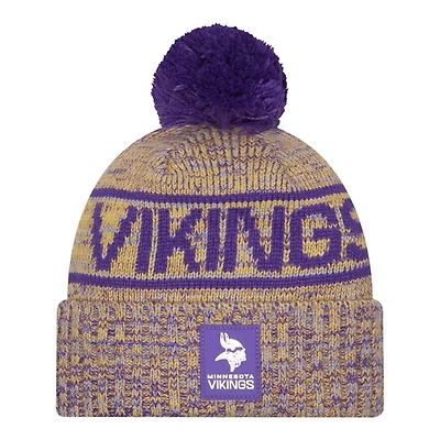 Minnesota Vikings Yellow and Purple 2025 Sideline Cold Weather New Era Cuffed Beanie Knit Hat with Pom