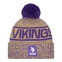 Minnesota Vikings Yellow and Purple 2025 Sideline Cold Weather New Era Cuffed Beanie Knit Hat with Pom
