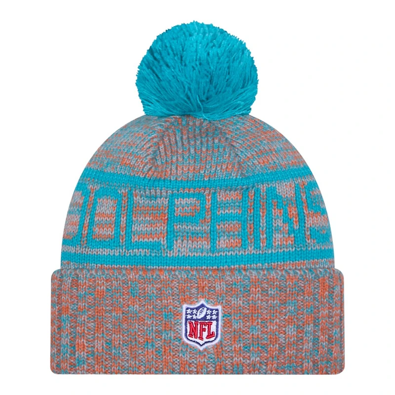 Miami Dolphins Teal and Orange 2025 Sideline Cold Weather New Era Cuffed Beanie Knit Hat with Pom