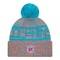 Miami Dolphins Teal and Orange 2025 Sideline Cold Weather New Era Cuffed Beanie Knit Hat with Pom