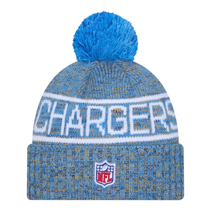 Los Angeles Chargers Powder Blue 2025 Sideline Cold Weather New Era Cuffed Beanie Knit Hat with Pom