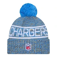 Los Angeles Chargers Powder Blue 2025 Sideline Cold Weather New Era Cuffed Beanie Knit Hat with Pom