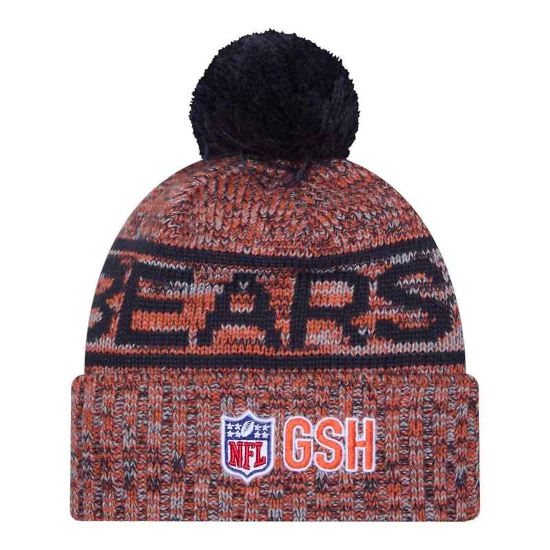 Chicago Bears Navy "C" Logo 2025 Sideline Cold Weather New Era Cuffed Beanie Knit Hat with Pom