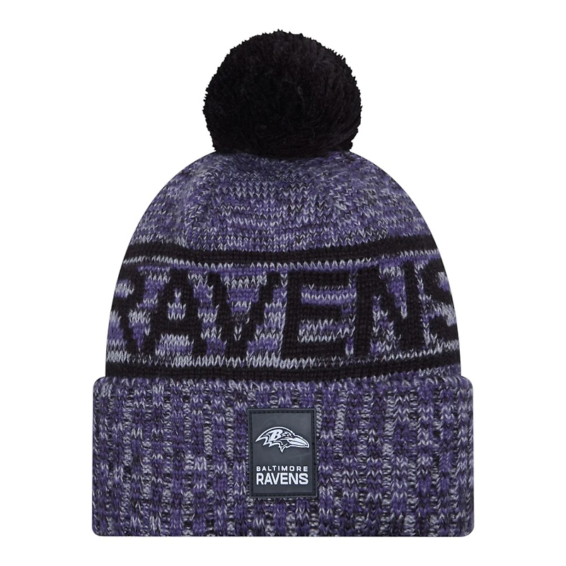 Baltimore Ravens Purple 2025 Sideline Cold Weather New Era Cuffed Beanie Knit Hat with Pom
