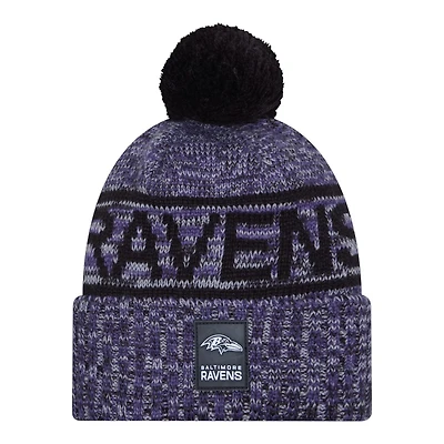 Baltimore Ravens Purple 2025 Sideline Cold Weather New Era Cuffed Beanie Knit Hat with Pom