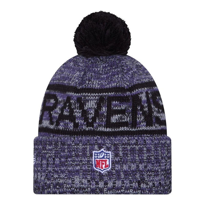 Baltimore Ravens Purple 2025 Sideline Cold Weather New Era Cuffed Beanie Knit Hat with Pom