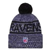 Baltimore Ravens Purple 2025 Sideline Cold Weather New Era Cuffed Beanie Knit Hat with Pom