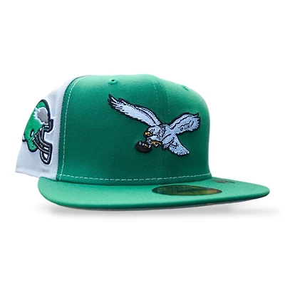 Philadelphia Eagles Kelly Green Medium Silver Leon the Lab Helmet Patch Snow Gray UV New Era 59FIFTY Fitted Hat