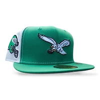 Philadelphia Eagles Kelly Green Medium Silver Leon the Lab Helmet Patch Snow Gray UV New Era 59FIFTY Fitted Hat