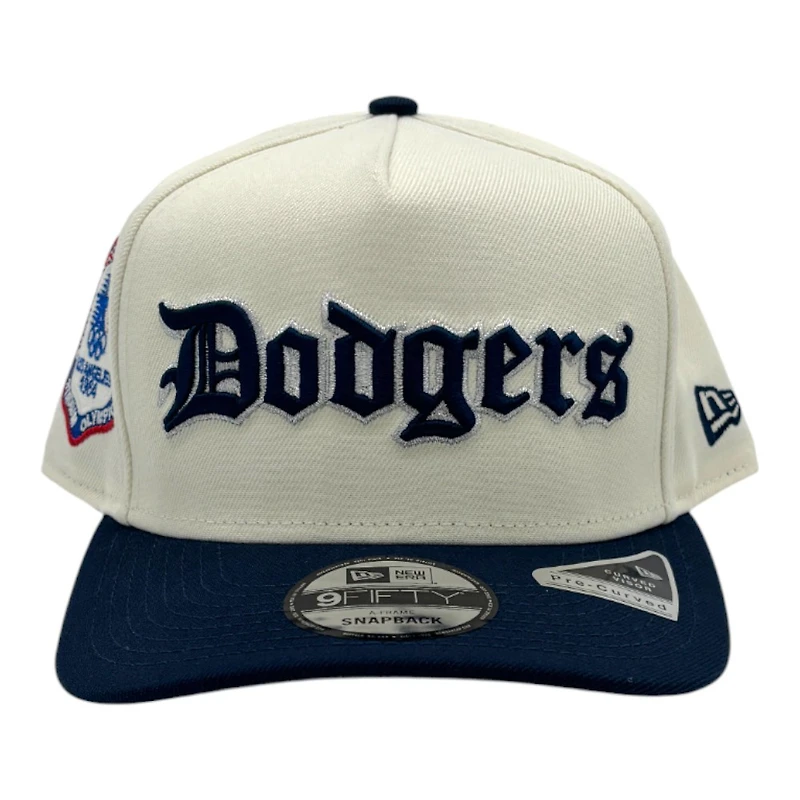 Los Angeles Dodgers Chrome and Oceanside Blue Old English 1984 Olympic Patch Grey UV New Era 9FIFTY A-Frame Snapback Hat
