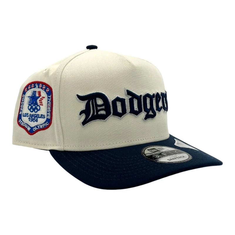 Los Angeles Dodgers Chrome and Oceanside Blue Old English 1984 Olympic Patch Grey UV New Era 9FIFTY A-Frame Snapback Hat