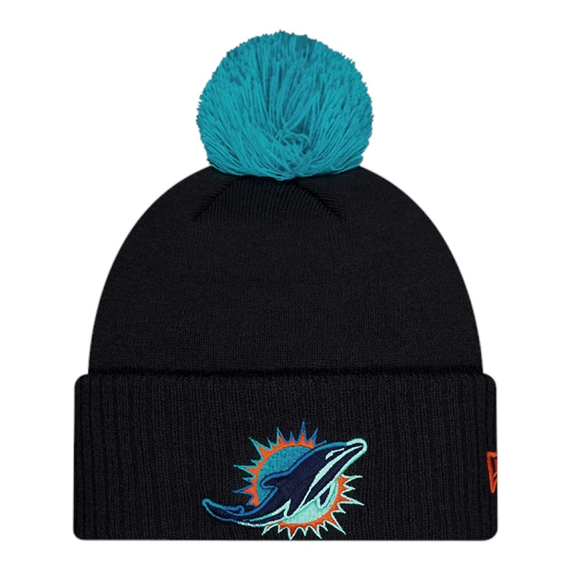 Miami Dolphins Black 2025 Rivalries Collection Sideline New Era Cuffed Beanie Knit Hat with Pom