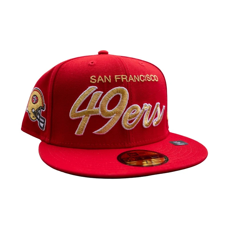 San Francisco 49ers Scarlet Leon the Lab Helmet Patch Green UV New Era 59FIFTY Fitted Hat