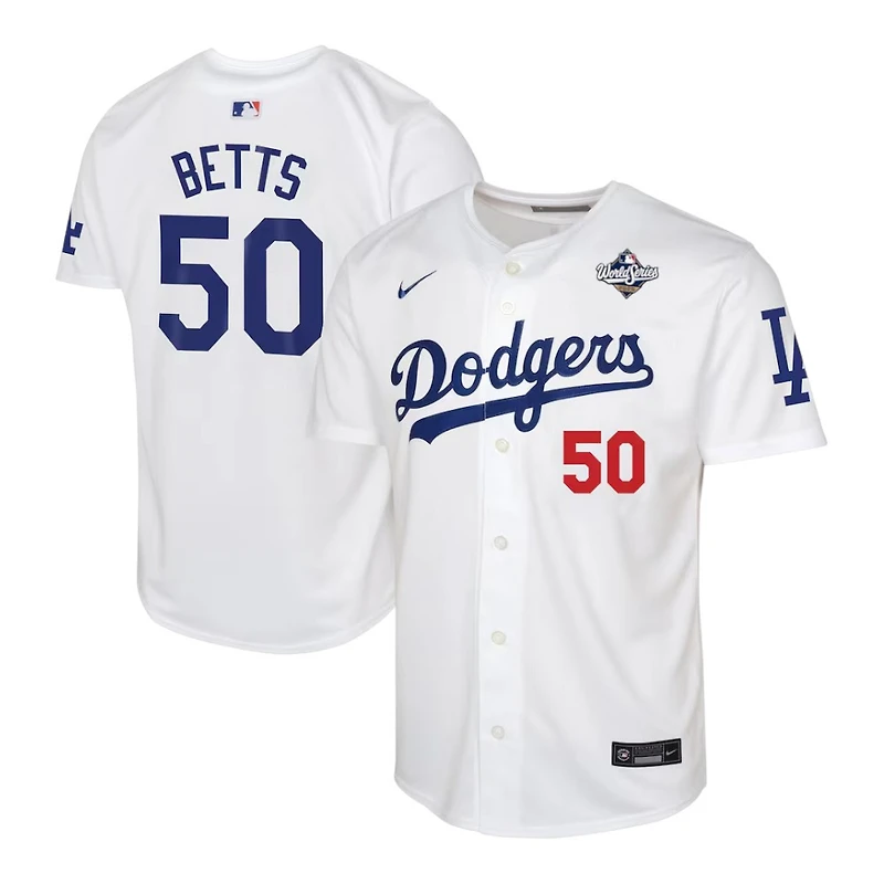 Youth Los Angeles Dodgers Mookie Betts 2025 World Series Patch White Home Nike Limited Jersey