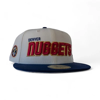 Denver Nuggets Chrome Oceanside Blue 2T Leon the Lab Block Script Grey UV New Era 59FIFTY Fitted Hat