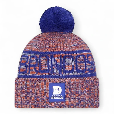 Denver Broncos Royal Blue and Orange D Logo 2025 Sideline Cold Weather New Era Cuffed Beanie Knit Hat with Pom