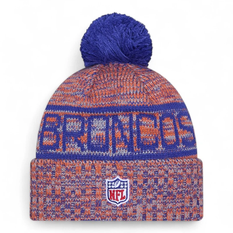 Denver Broncos Royal Blue and Orange D Logo 2025 Sideline Cold Weather New Era Cuffed Beanie Knit Hat with Pom