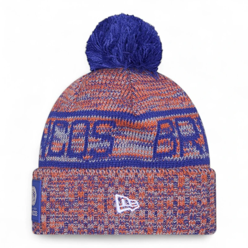 Denver Broncos Royal Blue and Orange D Logo 2025 Sideline Cold Weather New Era Cuffed Beanie Knit Hat with Pom