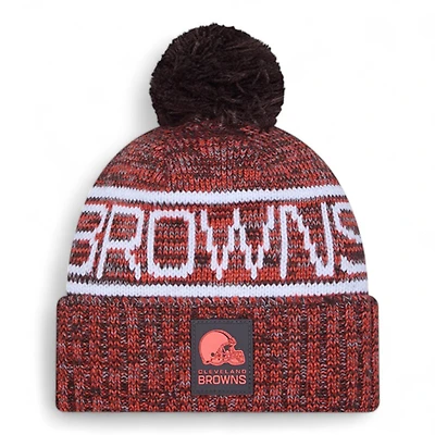 Cleveland Browns Brown and Orange 2025 Sideline Cold Weather New Era Cuffed Beanie Knit Hat with Pom
