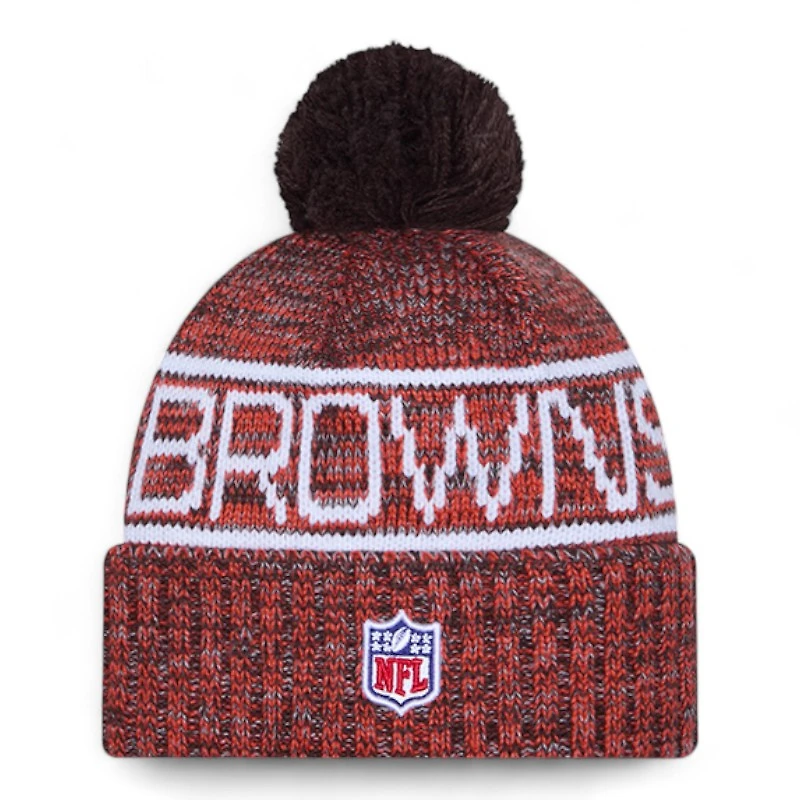 Cleveland Browns Brown and Orange 2025 Sideline Cold Weather New Era Cuffed Beanie Knit Hat with Pom
