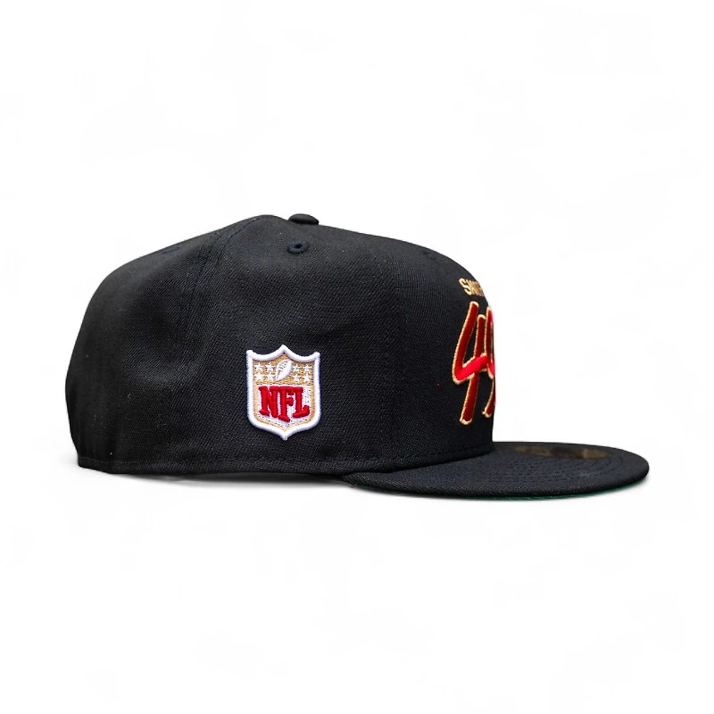 San Francisco 49ers Black Leon the Lab Retro Script Green UV New Era 59FIFTY Fitted Hat