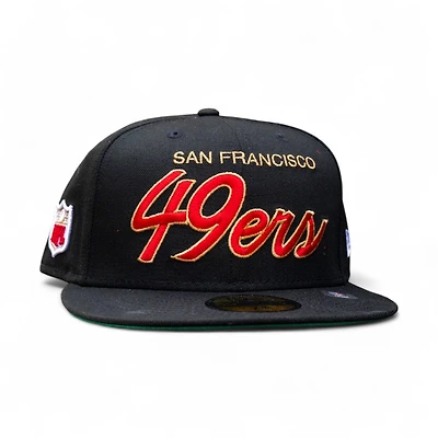 San Francisco 49ers Black Leon the Lab Retro Script Green UV New Era 59FIFTY Fitted Hat