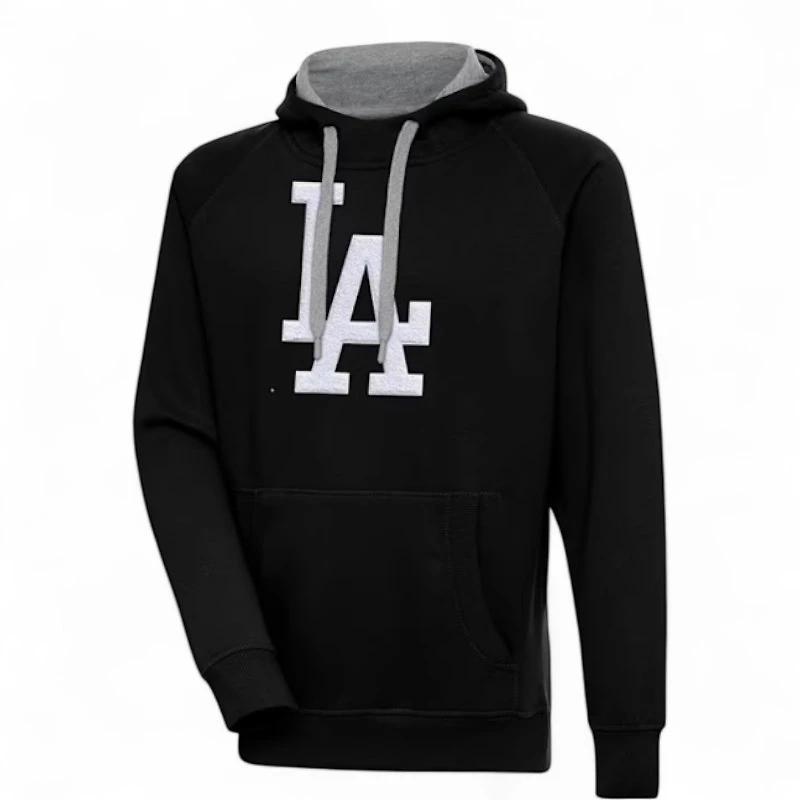 Los Angeles Dodgers White on Black Full Front LA Logo Victory Antigua Long Sleeve Hoodie
