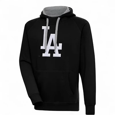 Los Angeles Dodgers White on Black Full Front LA Logo Victory Antigua Long Sleeve Hoodie
