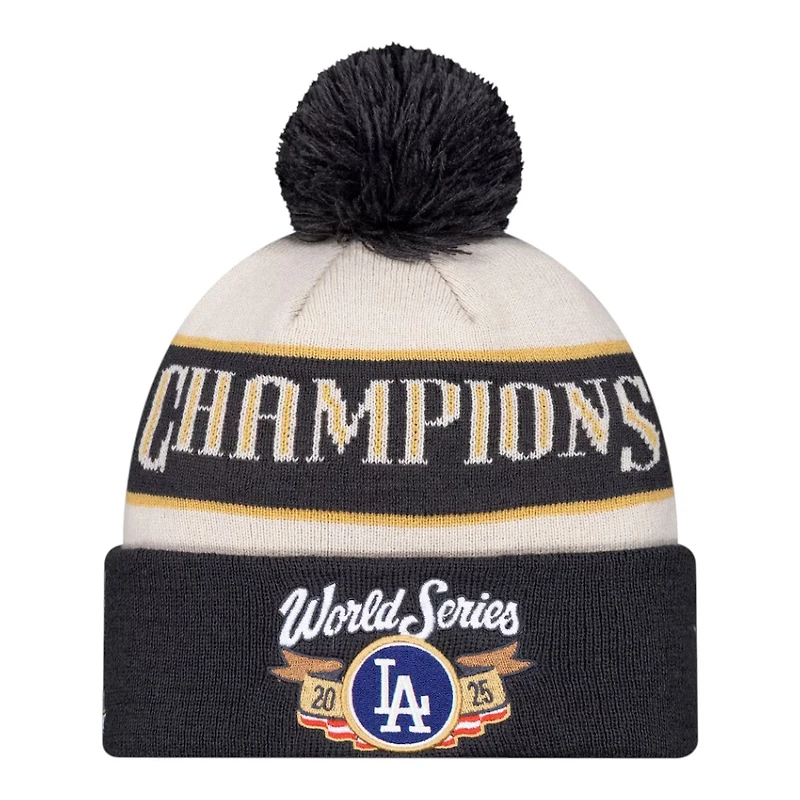 Los Angeles Dodgers Cream and Charcoal 2025 World Series Champions Locker Room New Era Cuffed Knit Hat with Pom