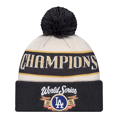 Los Angeles Dodgers Cream and Charcoal 2025 World Series Champions Locker Room New Era Cuffed Knit Hat with Pom