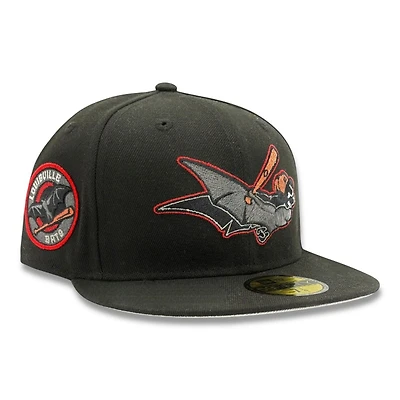 Louisville Bats Black and Silver Metallic Team Logo Patch Gray UV MiLB New Era 59FIFTY Fitted Hat
