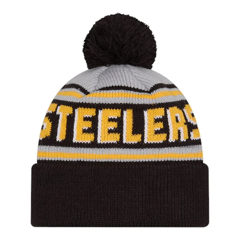 Pittsburgh Steelers Black Historic Team Wordmark New Era Cuffed Knit Pom Beanie Hat