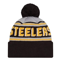 Pittsburgh Steelers Black Historic Team Wordmark New Era Cuffed Knit Pom Beanie Hat