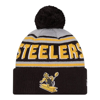 Pittsburgh Steelers Black Historic Team Wordmark New Era Cuffed Knit Pom Beanie Hat