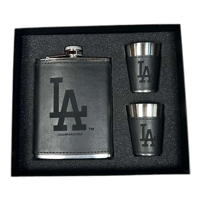 Los Angeles Dodgers Black Leather 3 Piece Flask and Shot Glass Set